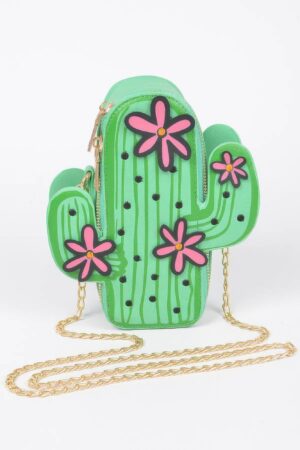 Cactus Faux Leather Crossbody Bag – Green with Pink Flowers