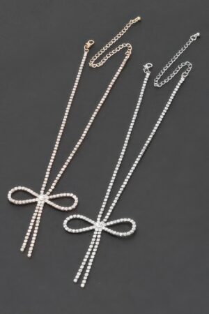 Rhinestone Ribbon Necklace – Bow Pendant, 14.5″