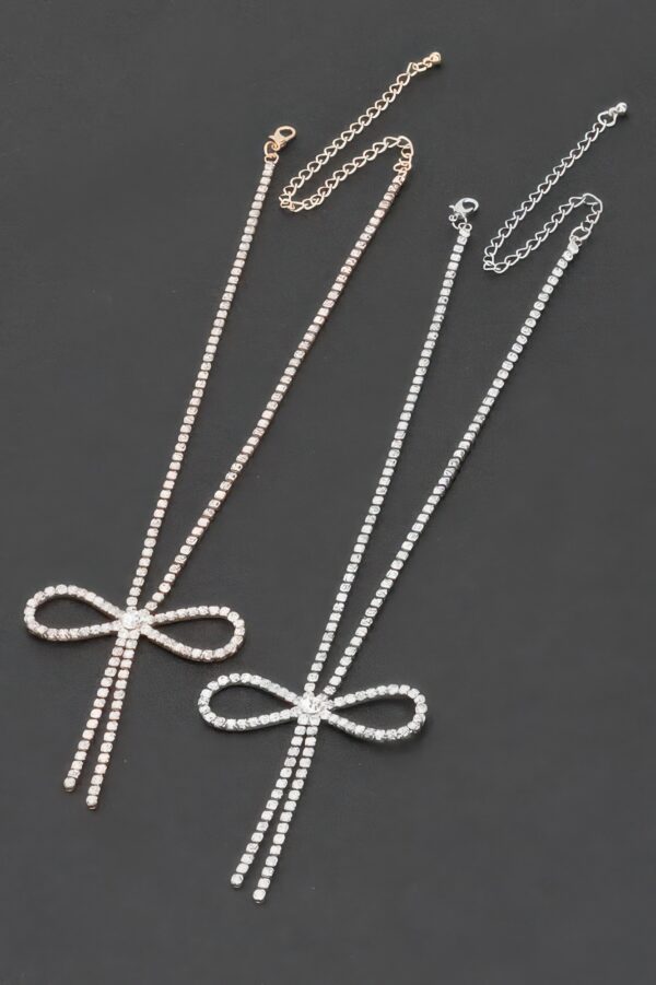 Rhinestone Ribbon Necklace – Bow Pendant, 14.5″