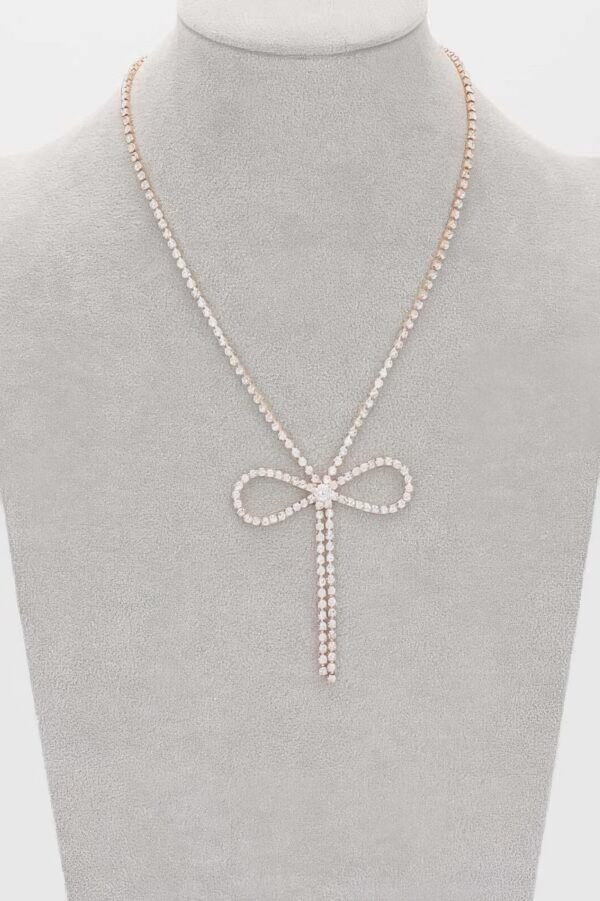 Rhinestone Ribbon Necklace – Bow Pendant, 14.5″
