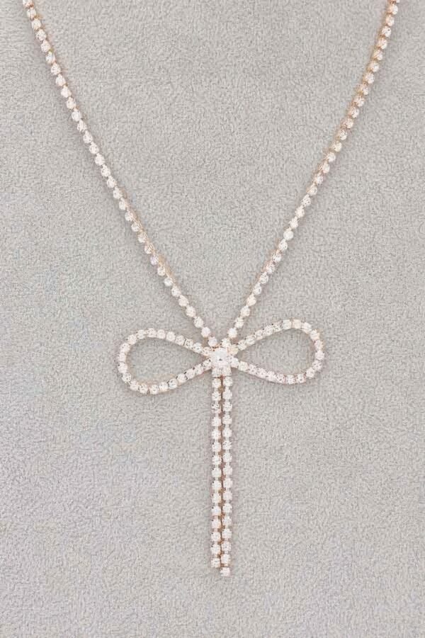 Rhinestone Ribbon Necklace – Bow Pendant, 14.5″