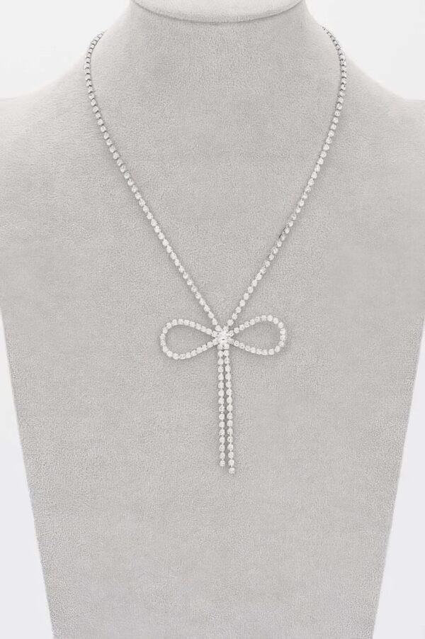 Rhinestone Ribbon Necklace – Bow Pendant, 14.5″