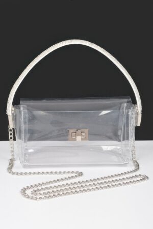 Clear Rhinestone Top-Handle Flap Bag