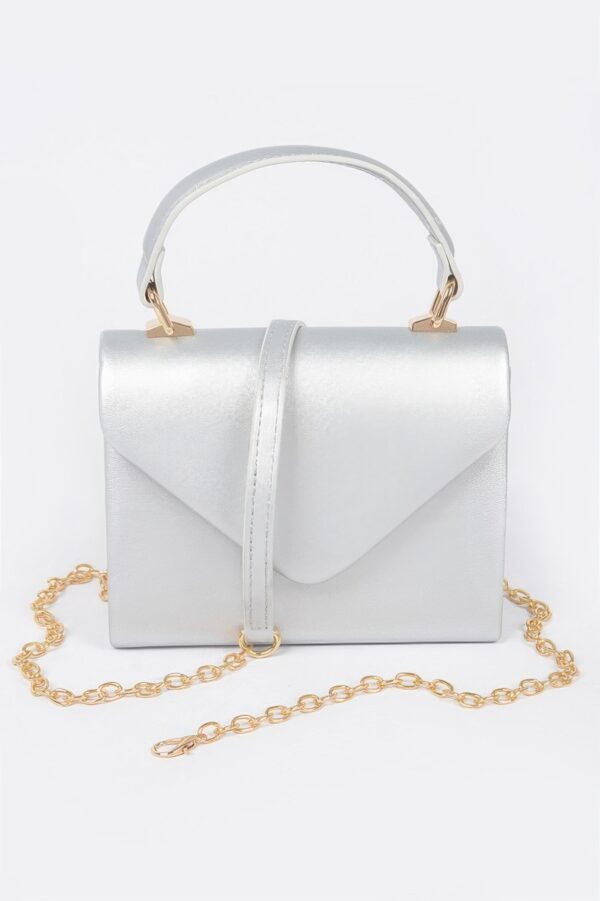 Faux Leather Handle Clutch with Gold-Chain Accent