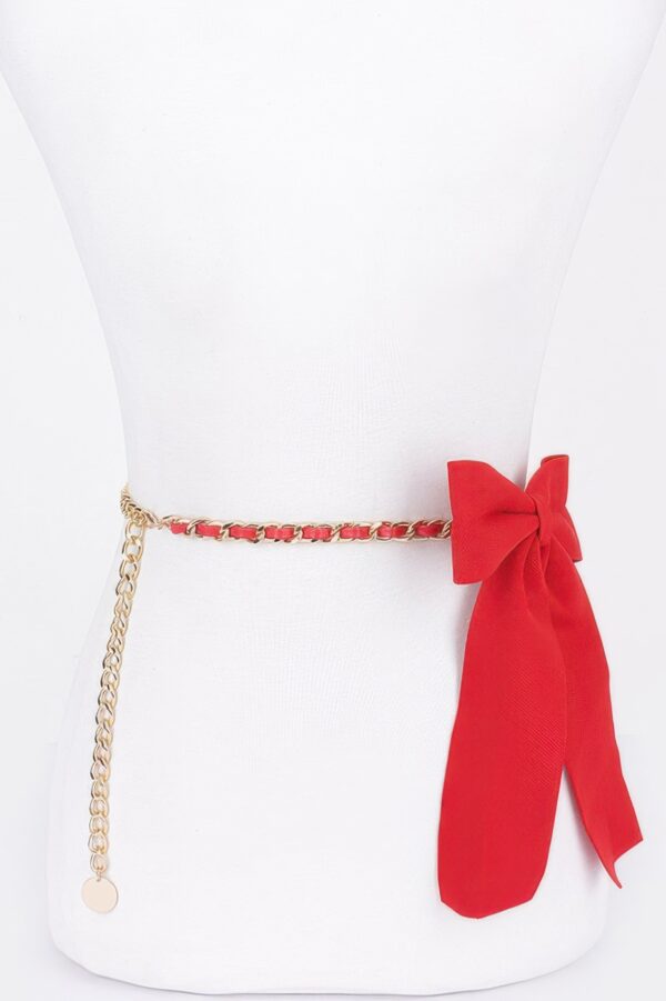 Slim Ribbon Chain Belt with Center Bow Accent