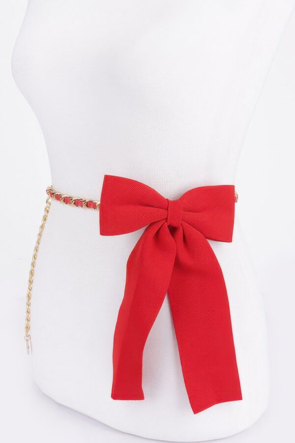 Slim Ribbon Chain Belt with Center Bow Accent