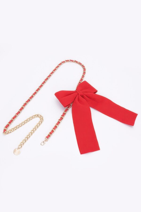 Slim Ribbon Chain Belt with Center Bow Accent