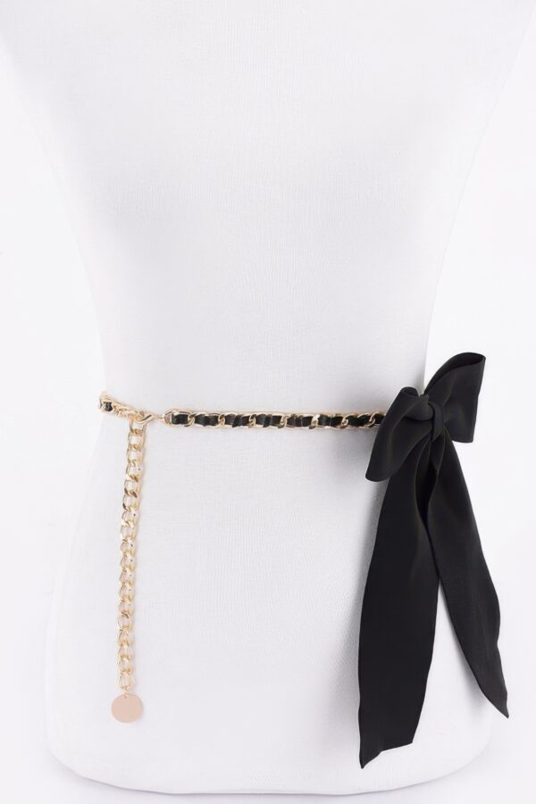Slim Ribbon Chain Belt with Center Bow Accent