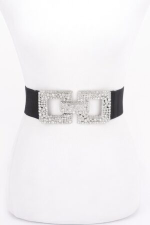 Wide Elastic Belt with Rhinestone Buckle