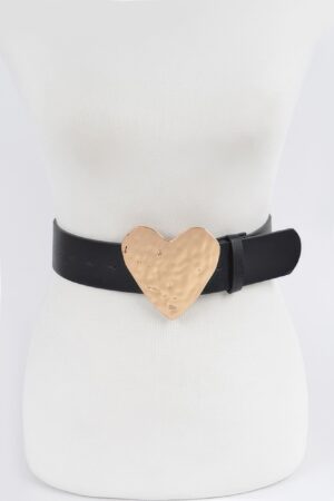 Hammered Heart Buckle Belt – Gold Faux Leather