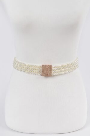 Elastic Pearl Belt with Rhinestone Buckle