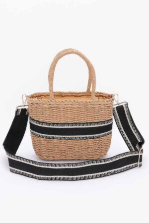 Small Faux Straw Tote – Black & White Stripes
