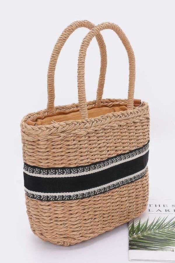 Small Faux Straw Tote – Black & White Stripes