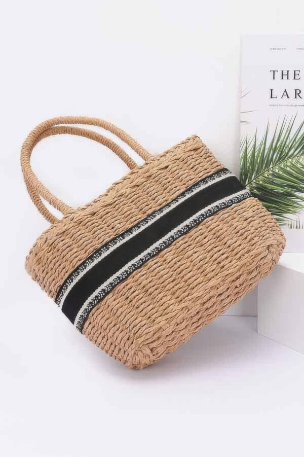 Small Faux Straw Tote – Black & White Stripes
