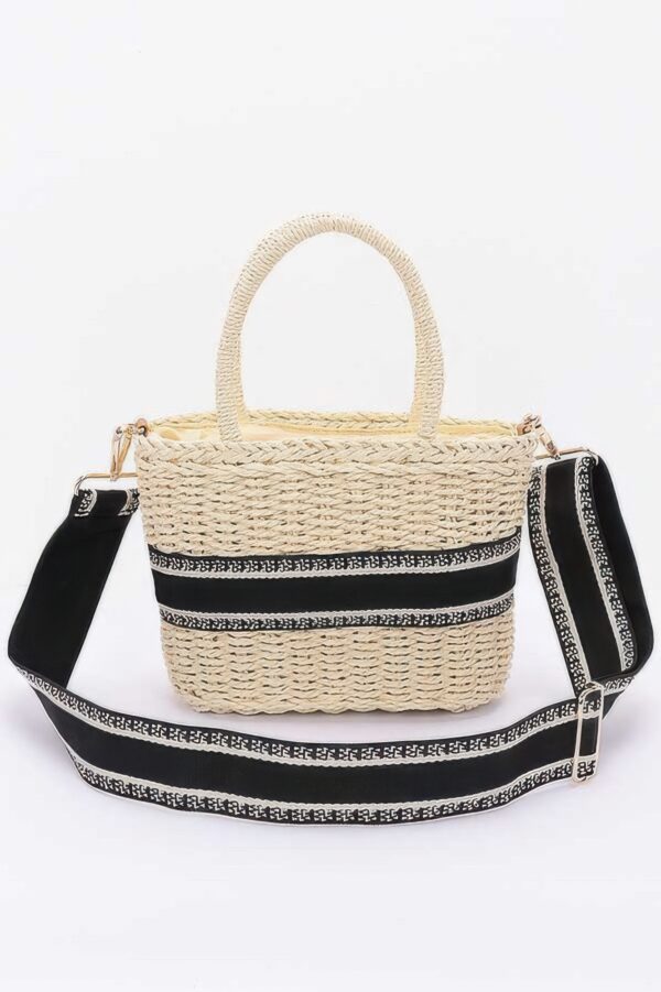 Small Faux Straw Tote – Black & White Stripes