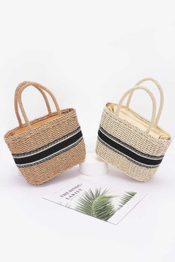 Small Faux Straw Tote – Black & White Stripes