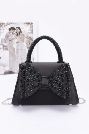 Rhinestone Ribbon Satin Top-Handle Flap Bag