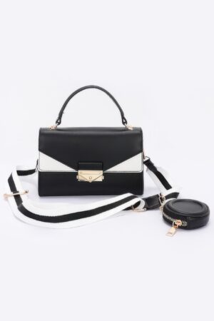 Faux Leather Two-Tone Flap Bag – Black & White