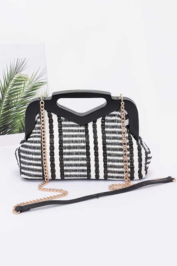 Striped Faux Straw Clutch with Wood-Look Frame