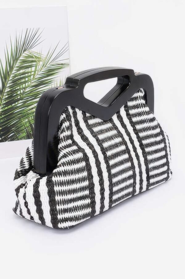 Striped Faux Straw Clutch with Wood-Look Frame