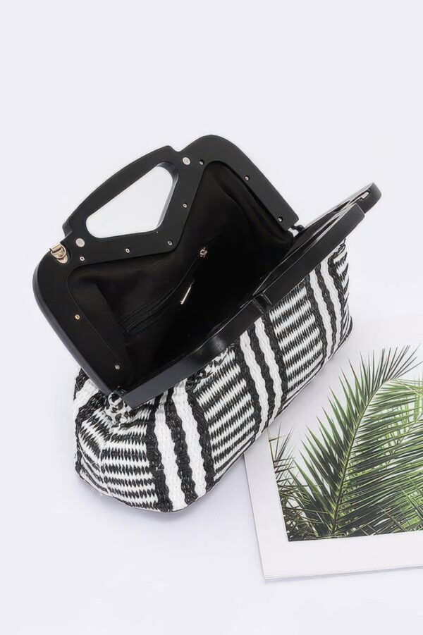 Striped Faux Straw Clutch with Wood-Look Frame