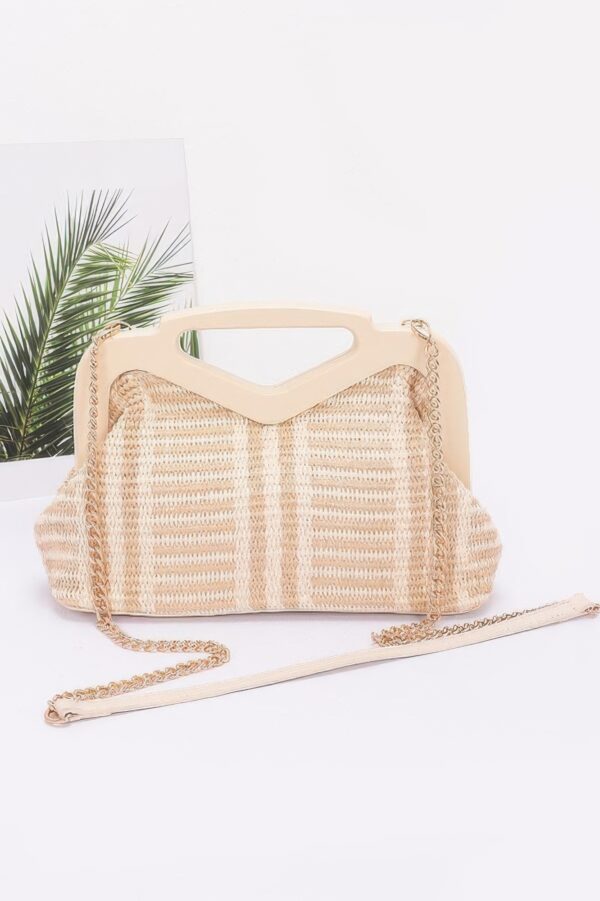 Striped Faux Straw Clutch with Wood-Look Frame