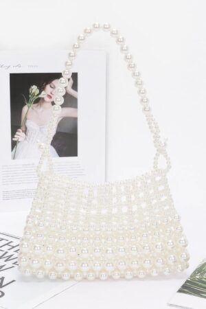 Pearl-Embellished Slim Evening Clutch – White