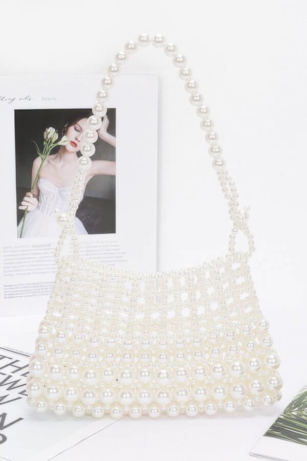 Pearl-Embellished Slim Evening Clutch – White