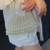Pearl-Embellished Slim Evening Clutch – White