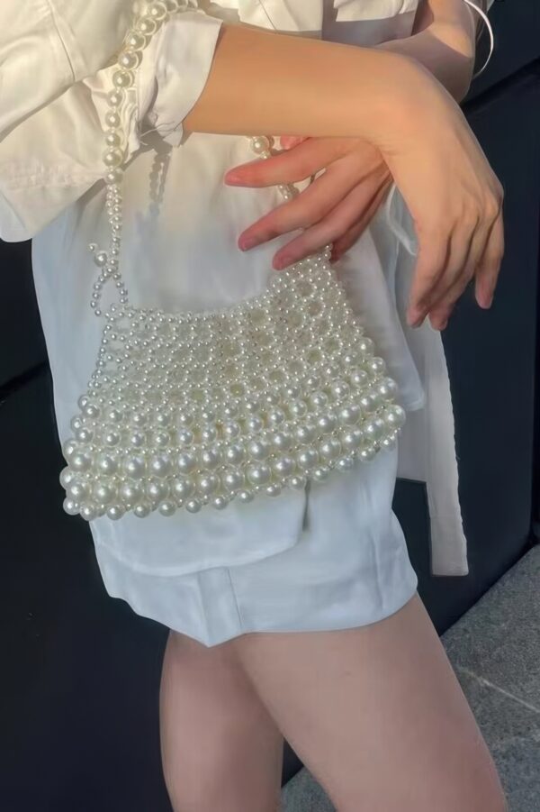 Pearl-Embellished Slim Evening Clutch – White