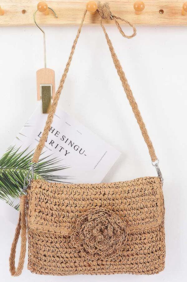Handwoven Faux Straw Flower Flap Clutch – Slim Silhouette