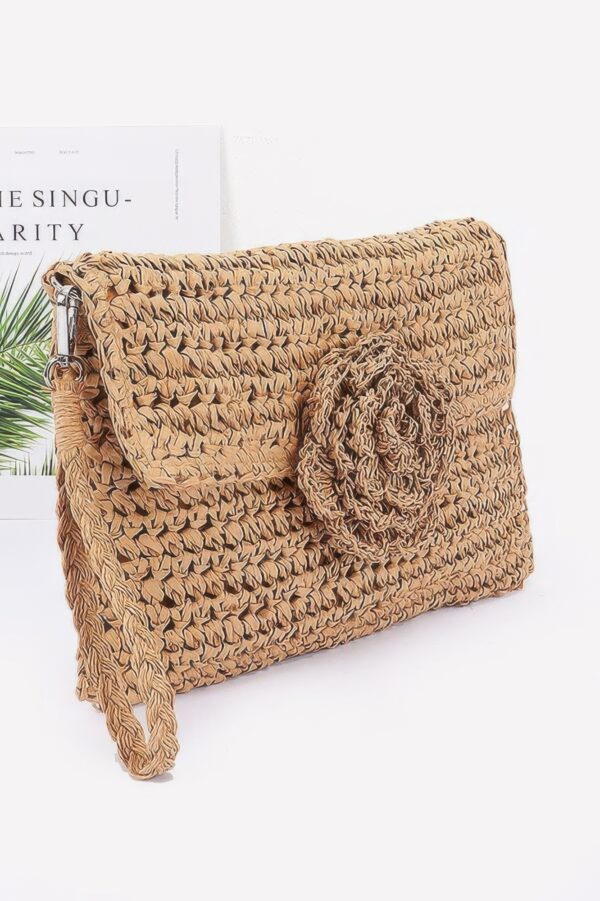 Handwoven Faux Straw Flower Flap Clutch – Slim Silhouette