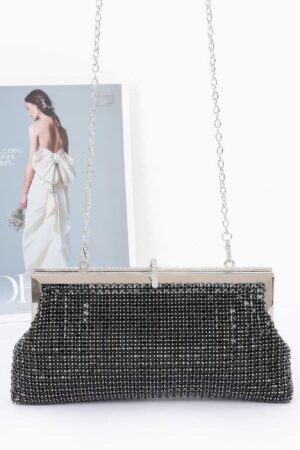 Rhinestone Party Clutch with Chain Strap – Black