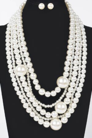 Layered Faux Pearl Necklace Set with Earrings
