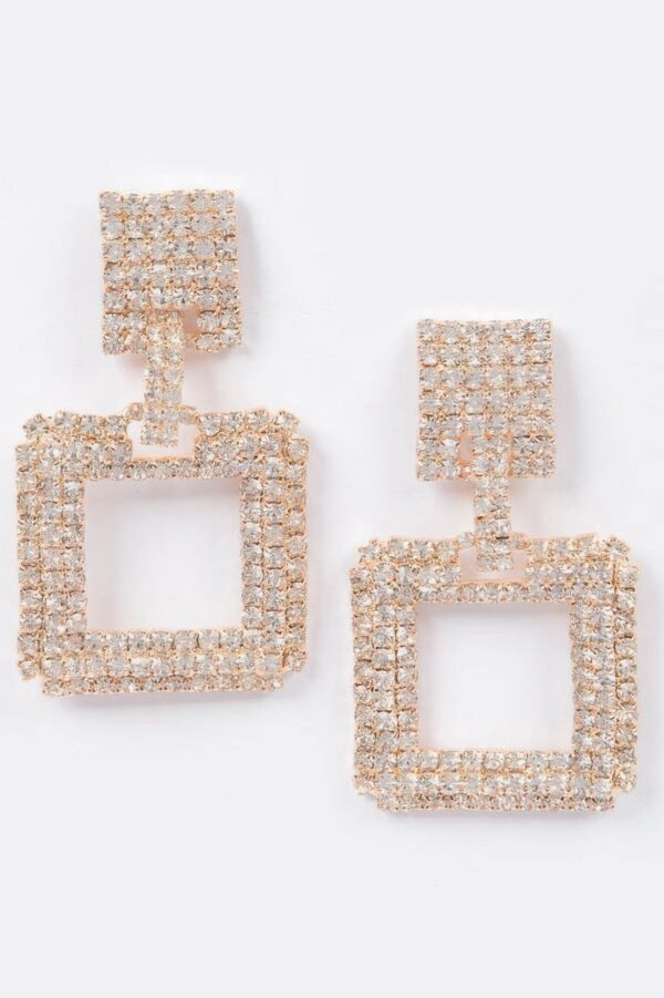 Rhinestone Square Drop Earrings – Gold Tone