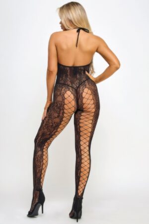 Jasmine Lace Bodystocking – Halter Neck with Crisscross Back