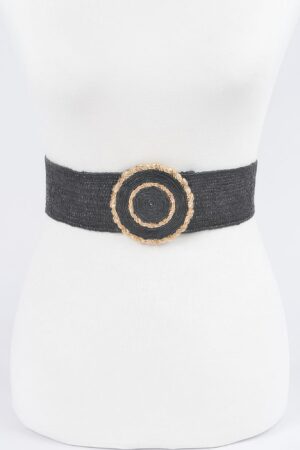 Faux Straw Elastic Belt with Gold Buckle