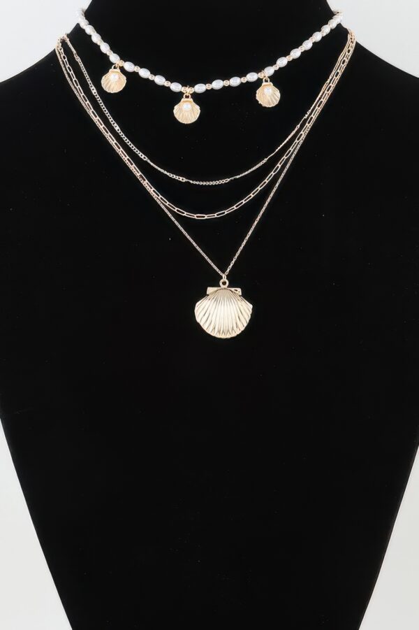 Multi Seashell Charm Drop Necklace – Gold-Tone with Faux Pearls