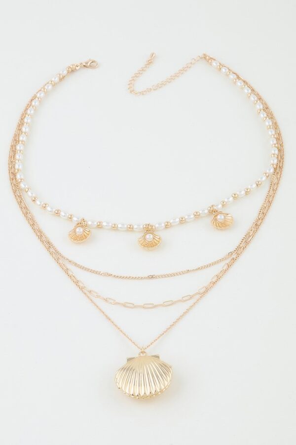 Multi Seashell Charm Drop Necklace – Gold-Tone with Faux Pearls