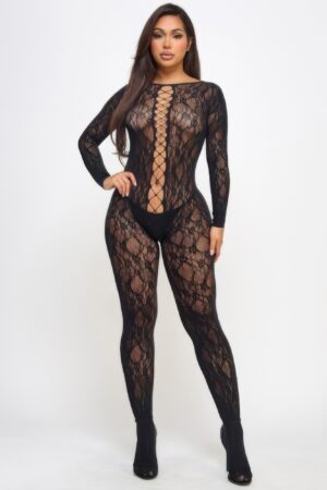 Kiara Lace-Up Bodystocking – Floral Lace