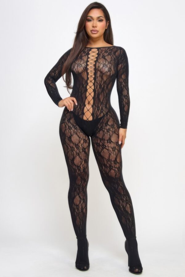 Kiara Lace-Up Bodystocking – Floral Lace