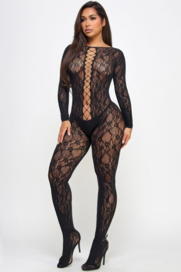 Kiara Lace-Up Bodystocking – Floral Lace