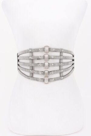 Wide Rhinestone Lattice Waist Belt with Metal Rings