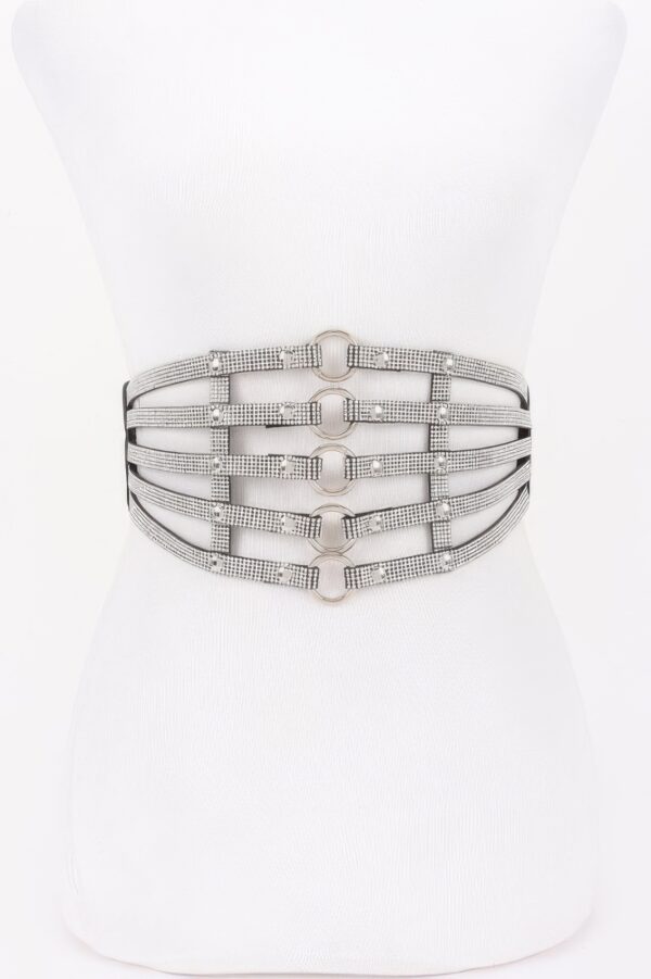 Wide Rhinestone Lattice Waist Belt with Metal Rings