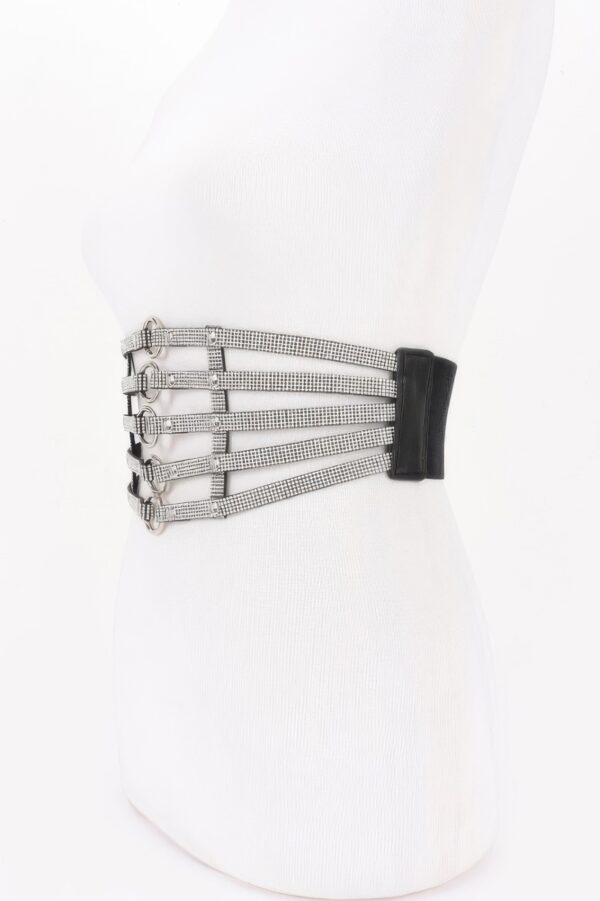 Wide Rhinestone Lattice Waist Belt with Metal Rings