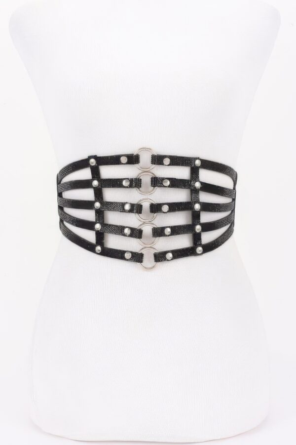 Wide Rhinestone Lattice Waist Belt with Metal Rings