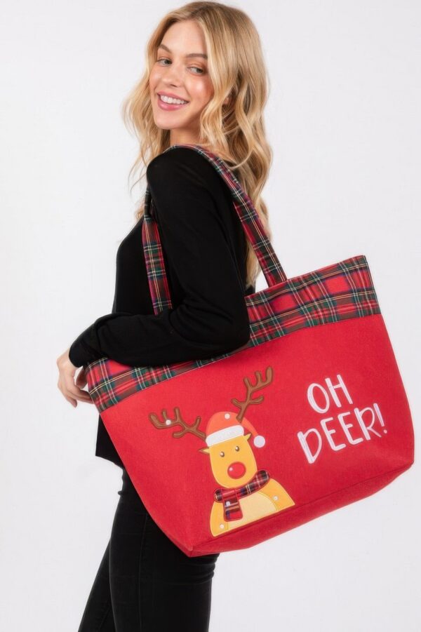 Oh Deer Reindeer Christmas Tote Bag – Red Polyester