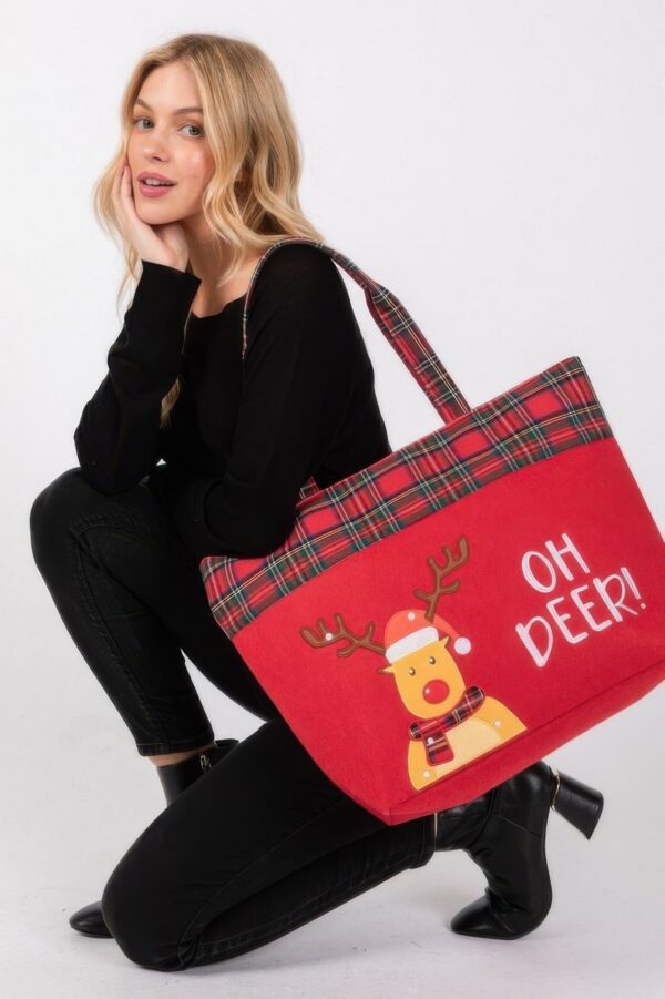 Oh Deer Reindeer Christmas Tote Bag – Red Polyester
