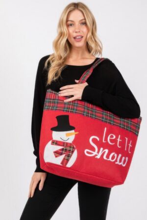 Let It Snow Snowman Christmas Tote – Red Plaid