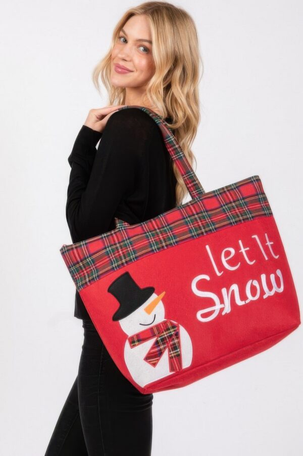 Let It Snow Snowman Christmas Tote – Red Plaid